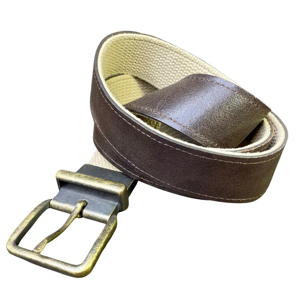 Reversible M Leather Canvas Belt Brass Brown Tan